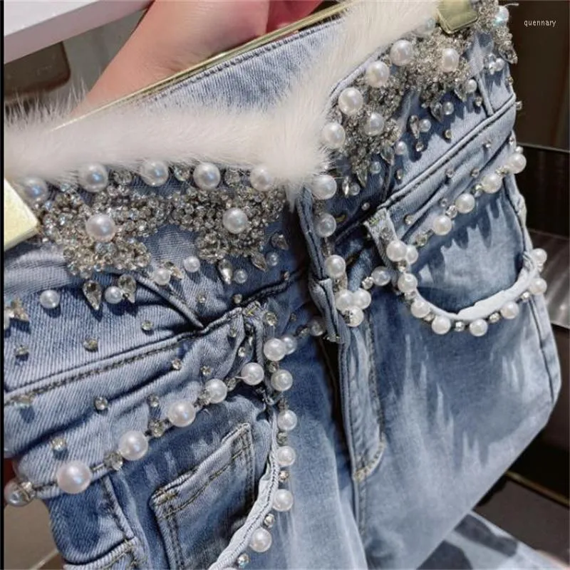 Dames jeans dames hoge taille strass nink fluweel fluweel geborsteld potloodbroek slanke peer vrouwen