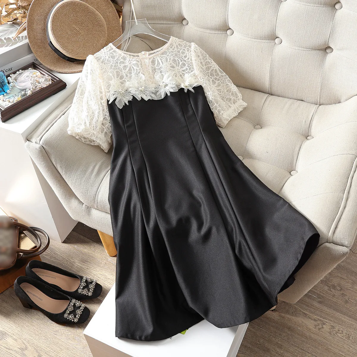 2023 Summer Black Floral Embroidery 3D Flowers Beaded Dress Short