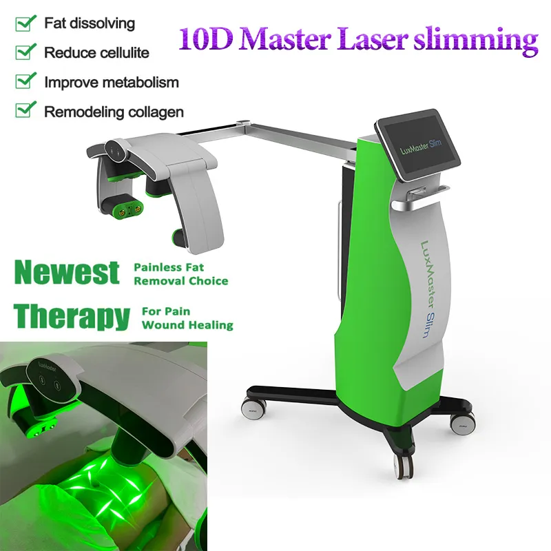 Low level cold laser lipolysis slimming machine with low level liposlim 10D energy beam 532nm green light treatment of LUX master Red light physiotherapy