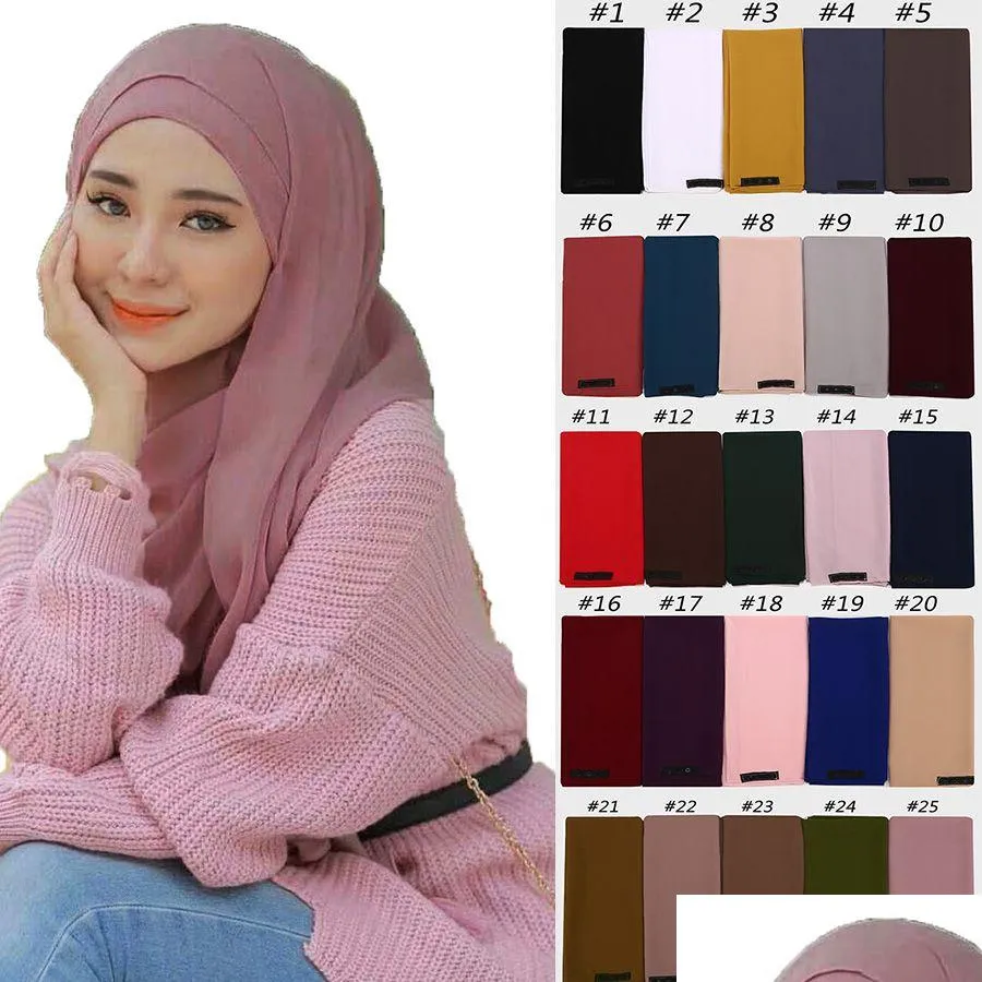 Lenços mulheres lenço de chiffon lenço de chiffon hijab enrole os xales de cor sólidos convenientes com faixa de botão Hijabs muçulmanos lenços/lenço Dh5lt