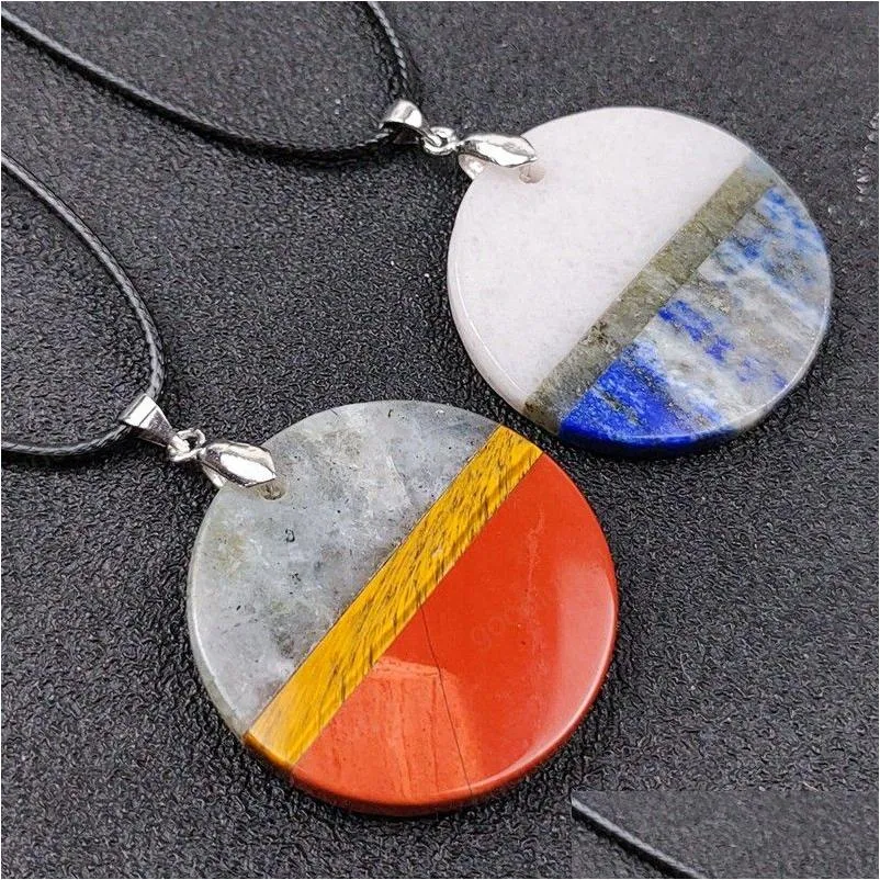 Colares pendentes Placa de costura redonda de pedra natural Labradorita Energia NCE Cura Reiki Crystal Lapis Red Jasper Diy Colar Dro dhpoh