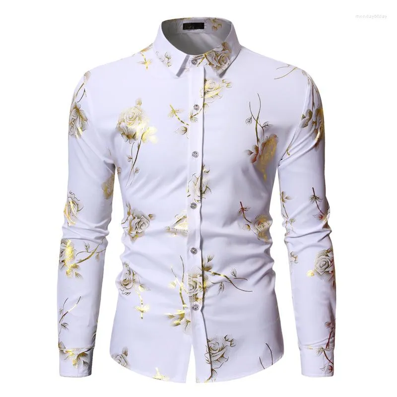 Hommes chemises décontractées de luxe feuille d'or impression chemise hommes 2023 automne blanc Rose Floral hommes robe Nightlcub bal Camisas