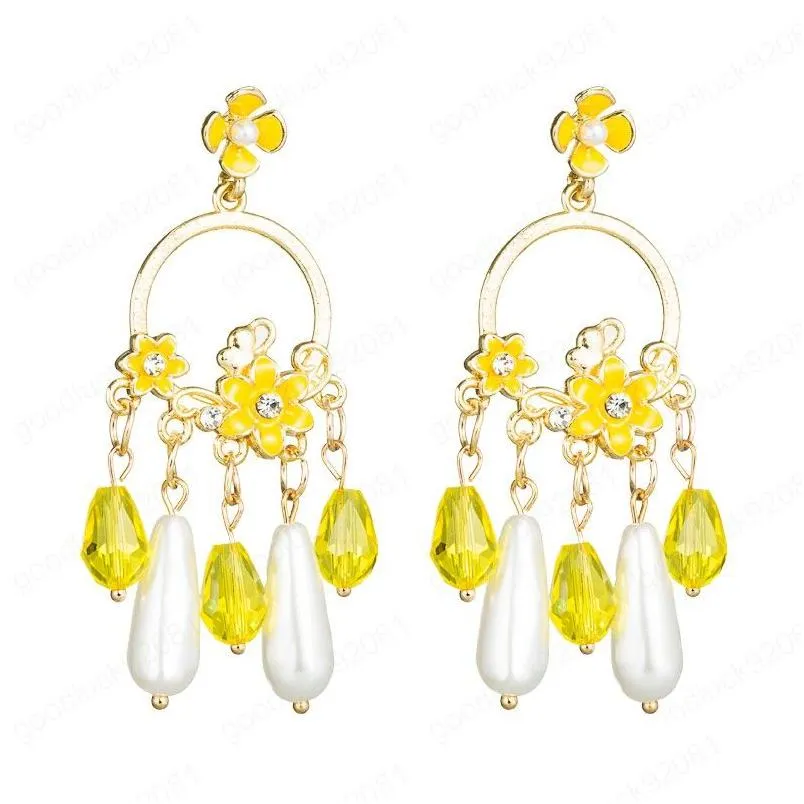 Dangle Chandelier Vintage Simated Pearl Flower Earrings For Woman Elegant Hand Made Crystal Statement Drop Party Brincos Delivery J Dhg7O