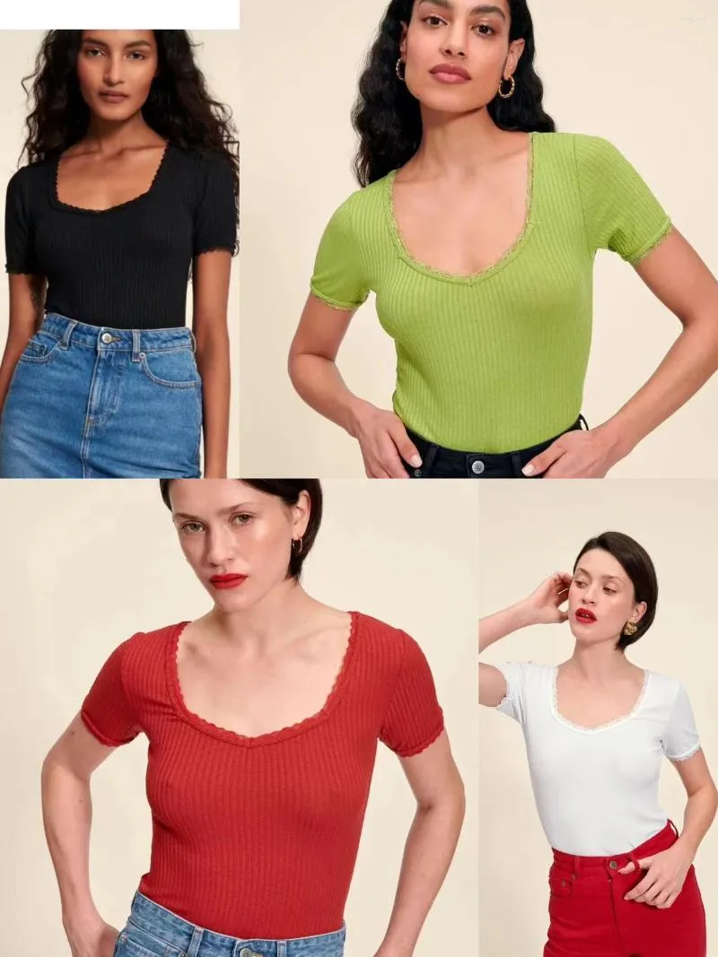 Camisetas de mujer, camiseta elástica de punto acanalado para mujer, remera elegante de manga corta con cuello cuadrado, ropa de punto para mujer, verano 2023