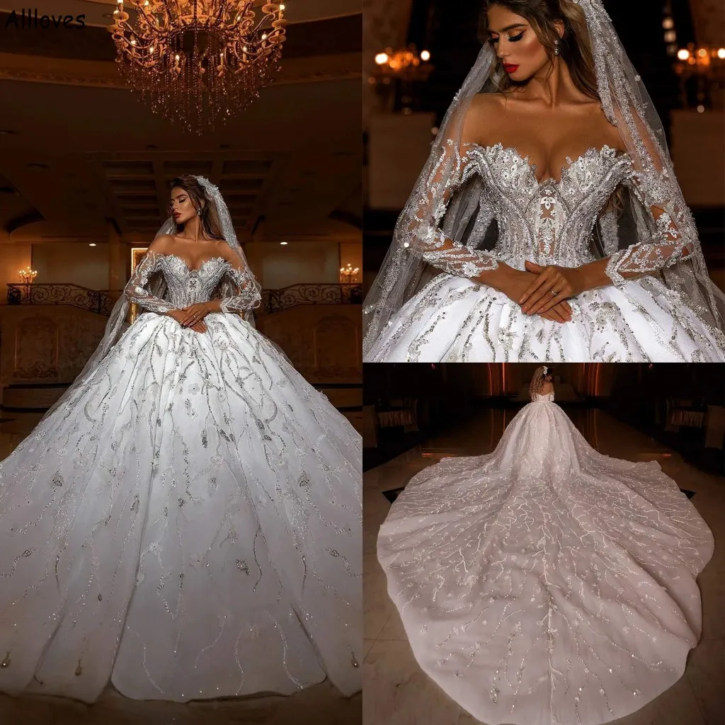 Amazing Dubai Saudi Arabia Ball Gown Wedding Dresses Long Sleeves Luxury Crystals Sequined Cathedral Train Vestidos Turkish Moroccan Church Bridal