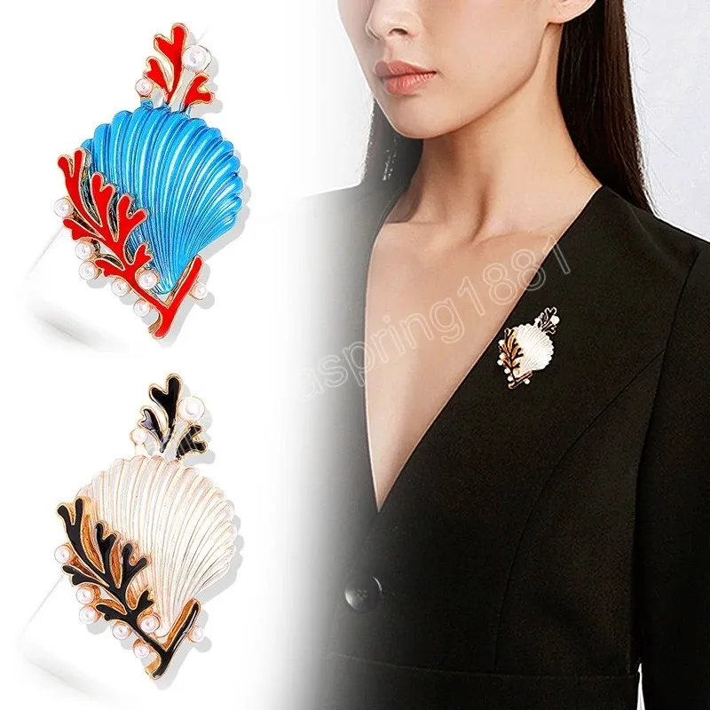 Sea Shell Coral Starfish Brosches Women Pearl Animal Ocean Series Party Office Suit Lapel Pins Broschych smycken gåvor