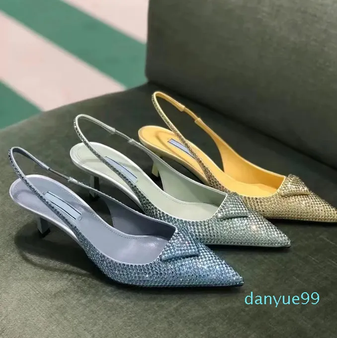 2023 Rhinestone Pumps أحذية مسائية أحذية النعال على Slingback 5.5cm كعب Sandal Shiletto Cheeled Shole Shoe for Women Shoes