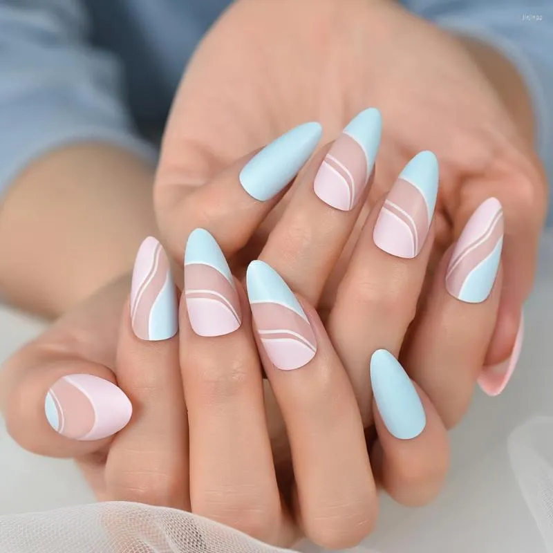 Faux Ongles Amande Muleti Couleur Bleu Top Faux Presse Sur Ongles Conseils Salons À La Maison Manucure Couverture Complète Réutilisable Chic