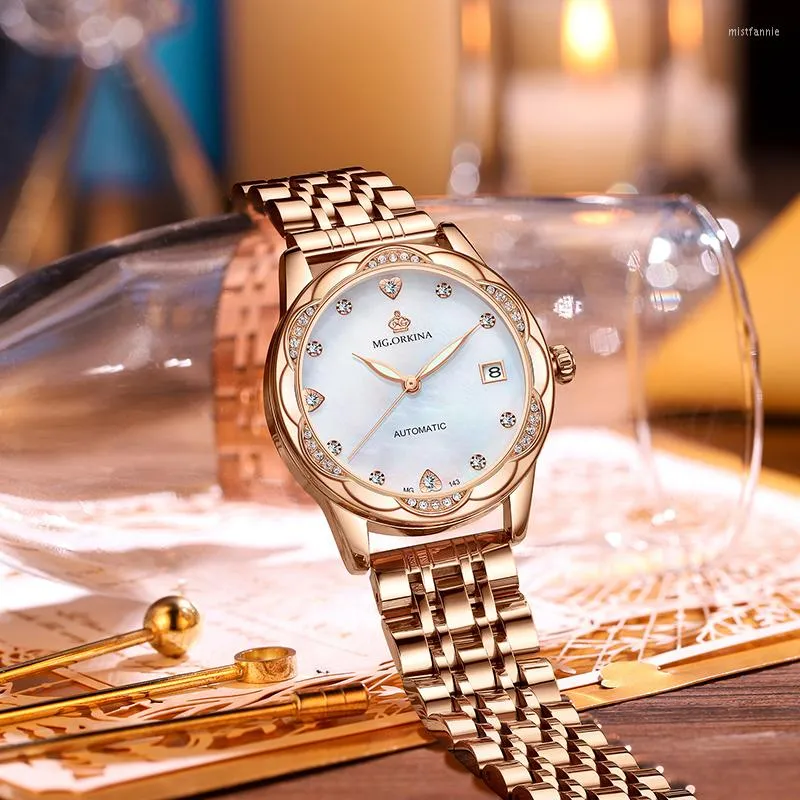 Relojes de pulsera ORKINA reloj de mujer calendario de fecha mec nico autom tico esqueleto de cer mica de cristal luminoso vestido informal de