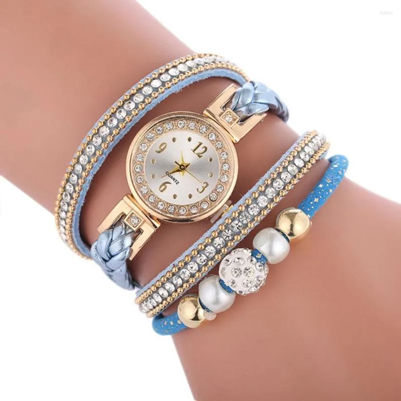 Polshorloges dames strass kraal ronde wijzerplaat snapknop multi -layer armband kwarts horloge