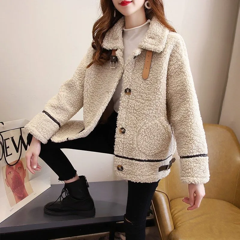 QNPQYX新しい韓国のファッションシープスキン女性のためのゆるい柔らかい羊毛の女性冬のジャケット厚い暖かいマントーフェムヒバーオールマッチ