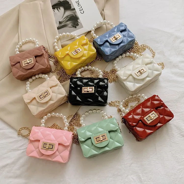 Designer Handbags Kids Mini Jelly Bag Ringer Sachet Pearl Chain Hand Bags Messenger Bags Purse Fashion Totes Girls Princess Cross-body Bags Shoulder Bags BC733