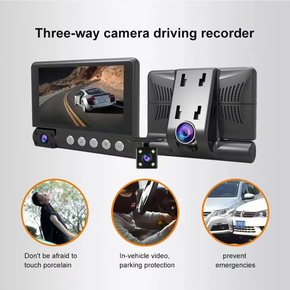 Voiture Dvr Dash Cam Enregistreur vidéo G-sensor 1080p Hd 3lens Avant /  arrière / intérieur