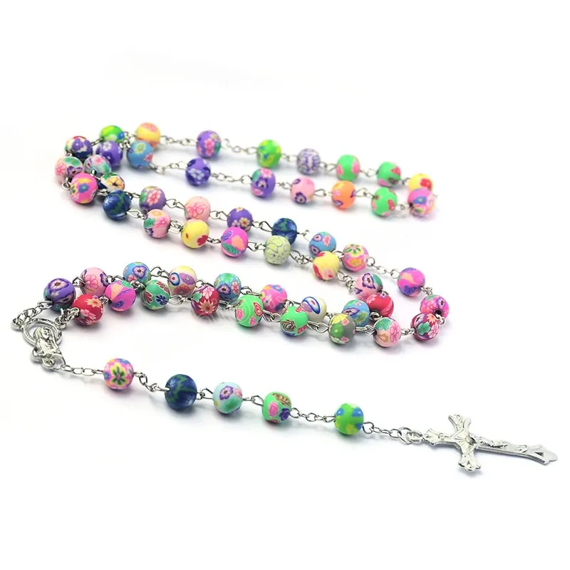 Perline in argilla polimerica multicolore Collana con croce a rosario donna Collana con ciondolo a forma di crocifisso Gioielli religiosi femminili