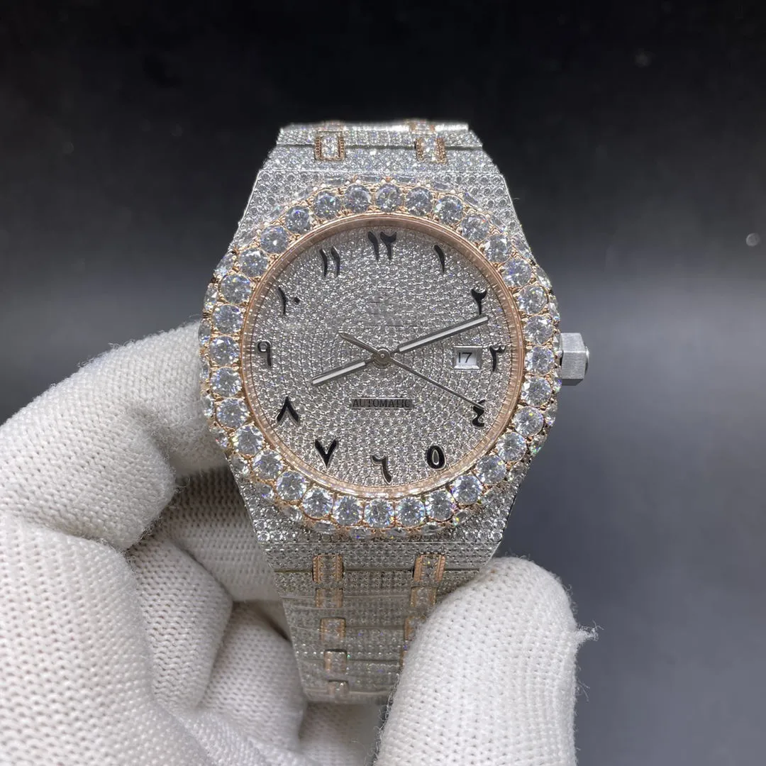 15400 cz diamantes ouro rosa 2 tons caso 42mm grande ston moldura números árabes masculino relógio automático brilhante