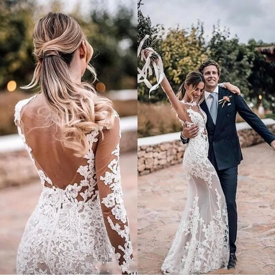 2023 Abiti da sposa a sirena sexy Splendido collo gioiello Tulle maniche lunghe Appliques di pizzo bianco Illusion Abiti da sposa trasparenti Abito da sposa da sposa da chiesa aperto sul retro