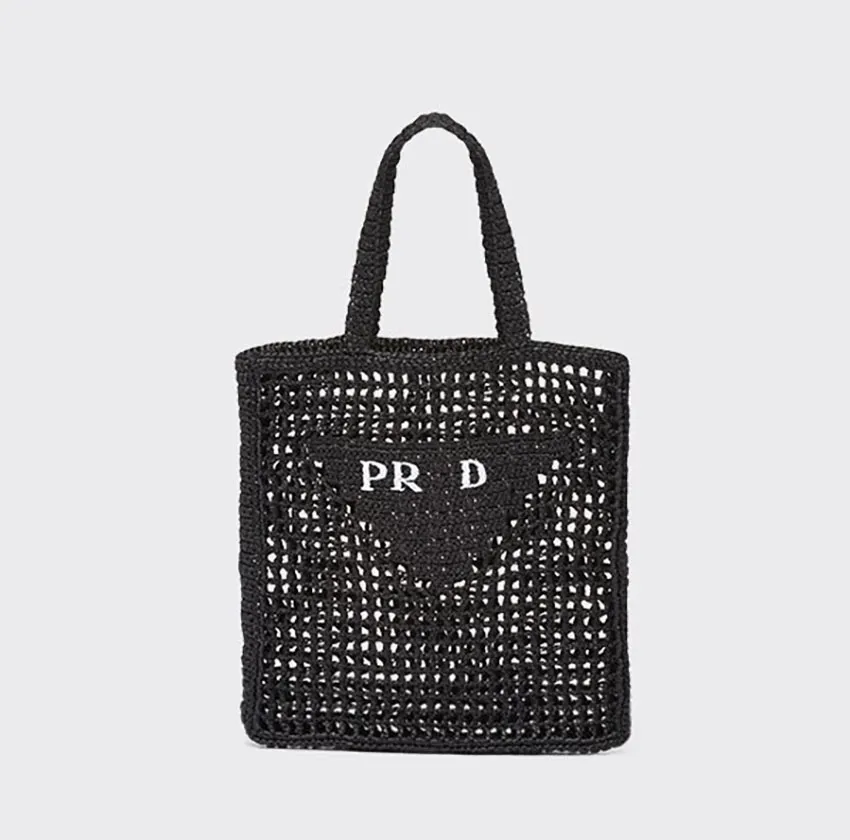 2024 Sac fourre-tout Sac de créateur Sac de paille Sac de plage Mode Mesh creux tissé pour l'été Sac de paille Sac tissé d'été abricot noir Sac de vacances Sac de shopping de grande capacité