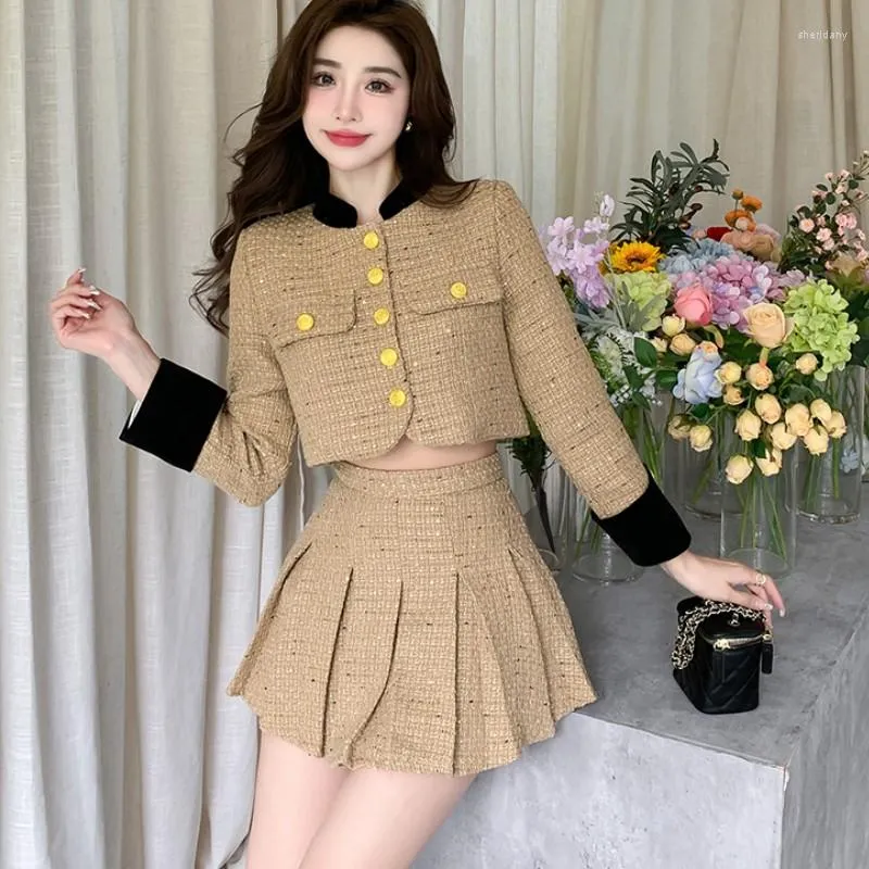 Arbeitskleider 2023 Koreanische Mode Kleine Duftende Zweiteilige Set Herbst Tweed Einreiher Kurze Jacke Mantel Plissee Miniröcke Outfits