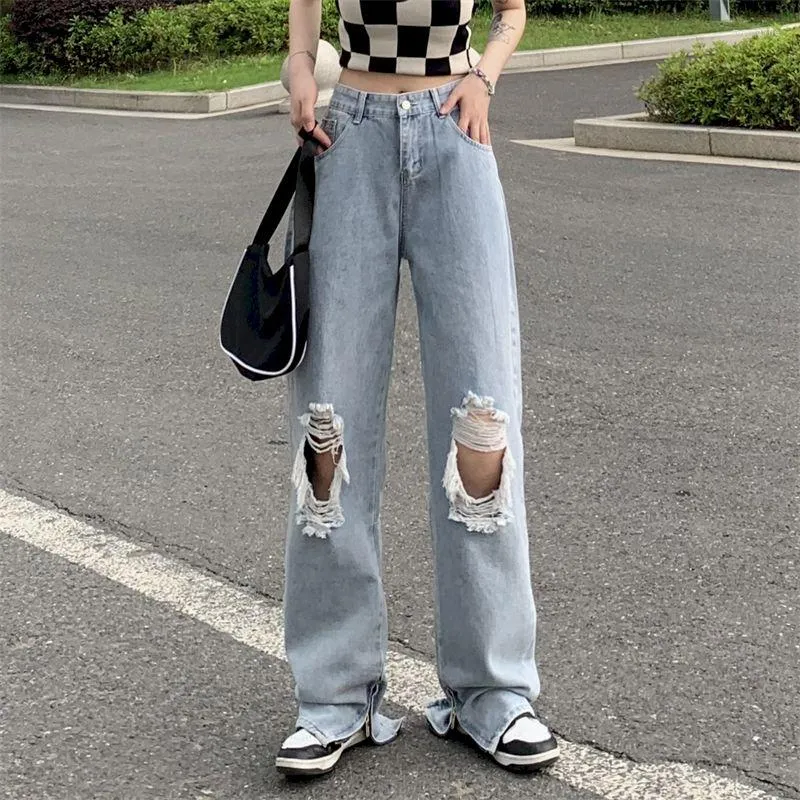 Männer Jeans Foufurieux Zerrissene Für Frauen Mode Niedrige Taille Vintage Streetwear Blau Frau Gerade Lose Y2K Denim Breite Bein