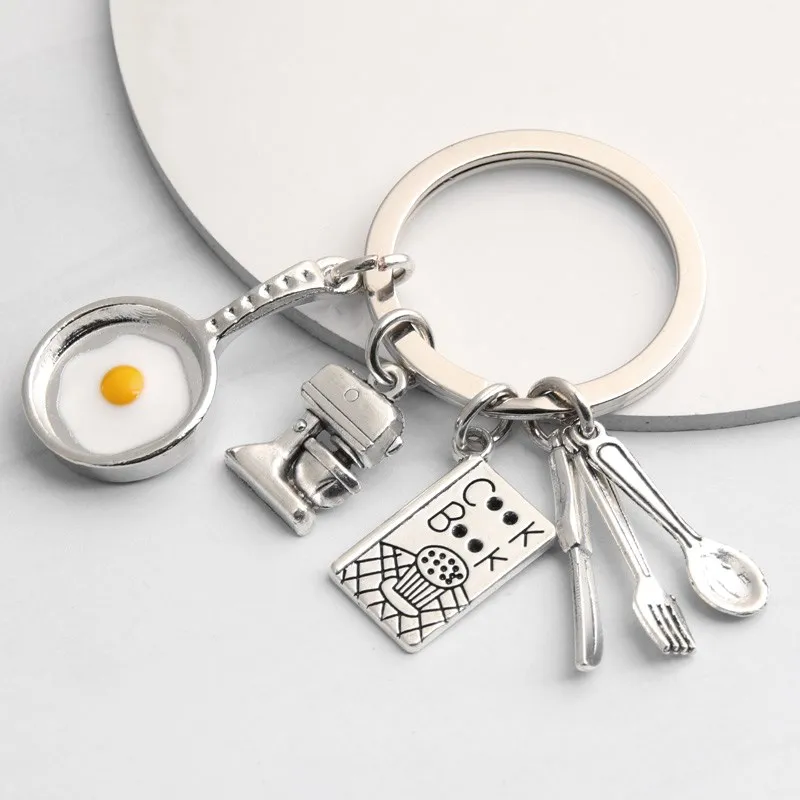 New Cooking Keychain Home Cooking Key Ring Fried Egg Pan Blender Cook Book Tableware Key Chain For Chef Gifts Jewelry Handmade