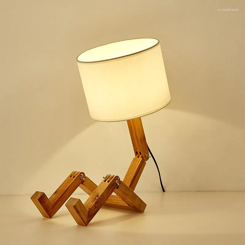 Lámparas de mesa con forma de Robot, lámpara de madera para dormitorio, soporte E27, 110-240V, arte moderno de tela, escritorio de madera, luz nocturna de estudio interior