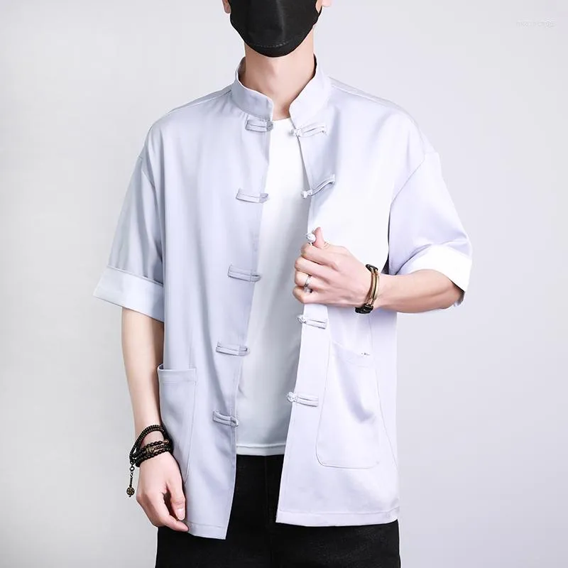 Men's Casual Shirts Chinese Traditional Clothing Men Kung Fu Tai Chi Tang Style Tops Short Sleeve Hanbok Shirt 2023