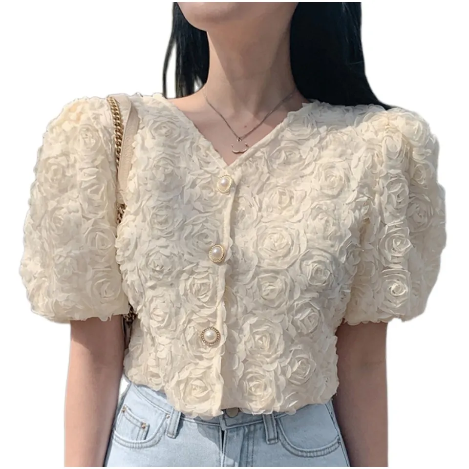 Damesblouse met korte mouwen, V-hals, 3D-roze bloemen en opgelapte zomerblouses