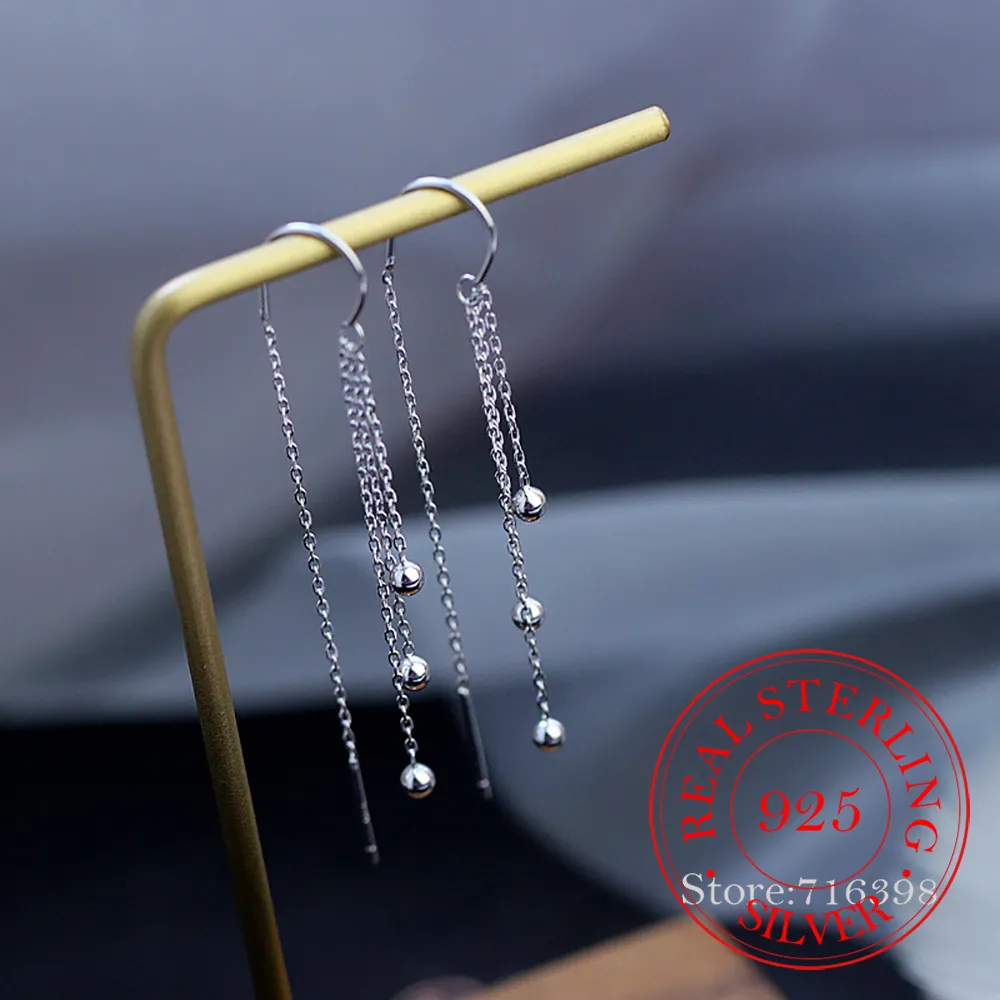 925 Sterling Silver Tassel Round Round Bead Earring Boucle D'Oreille Long Drop Earring for Women Fashion Jewelry