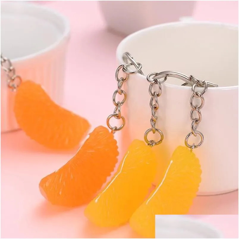 Kluczowe pierścionki moda realistyczna naśladowanie breloki owoce Orange Pierścień żeńska biżuteria z kreskówek torebka samochodowa wisiorek upuszczony Dhij6
