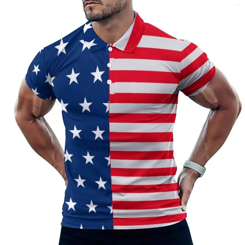 Men's Polos USA Flag Print Casual T-Shirts Stars And Stripes Polo Shirts Men Y2K Shirt Date Short Sleeve Design Clothing Large Size