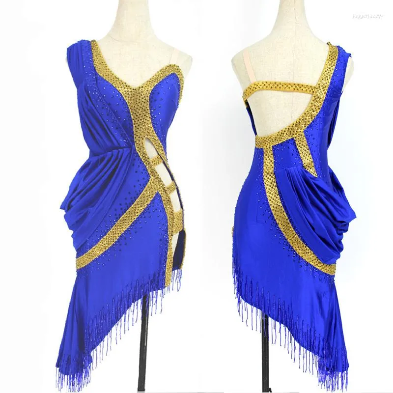 Vêtements de scène robe de danse latine Sexy vêtements de scène pour les femmes fête strass compétition Costume frange jupe bleu