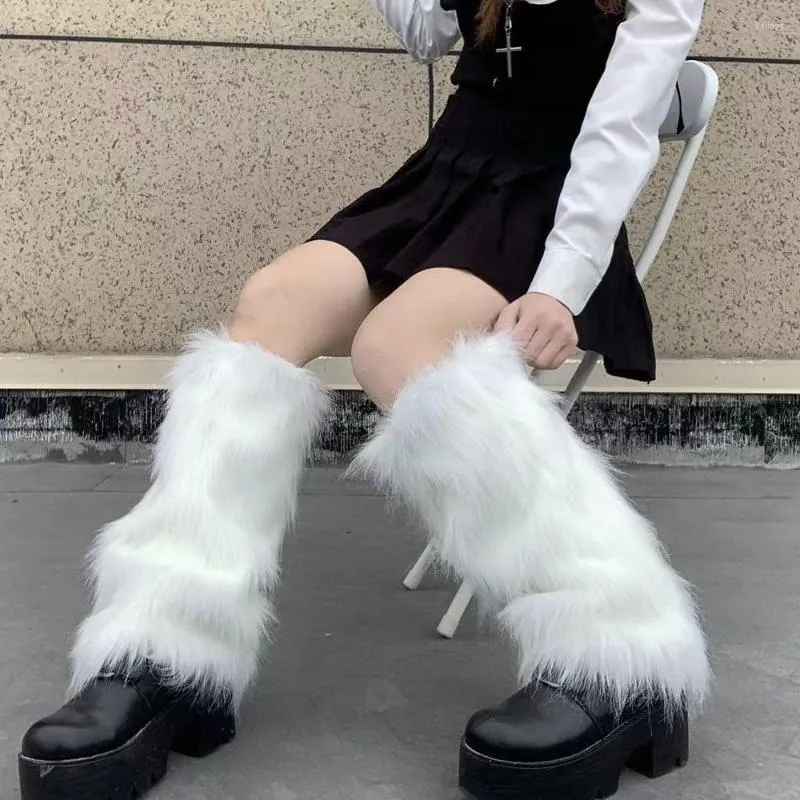 Women Socks White Furry Fashion Y2K Goth Boot Covers Lady Cute Lolita JK Knee-length Hipster Warm Sock