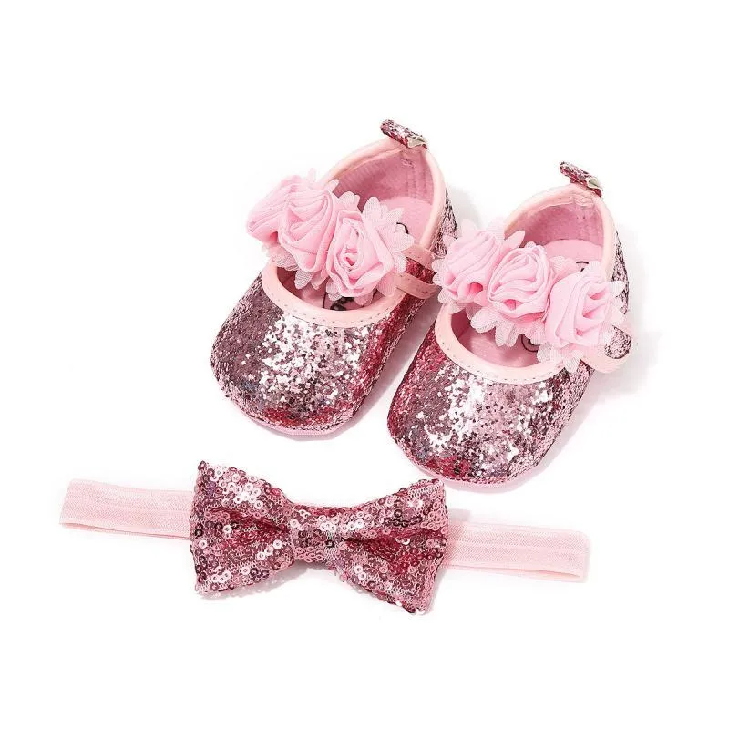 First Walkers 0-18M Birthday Infant Born Baby Girls Shoes Bowknot Paillettes Princess Hairband