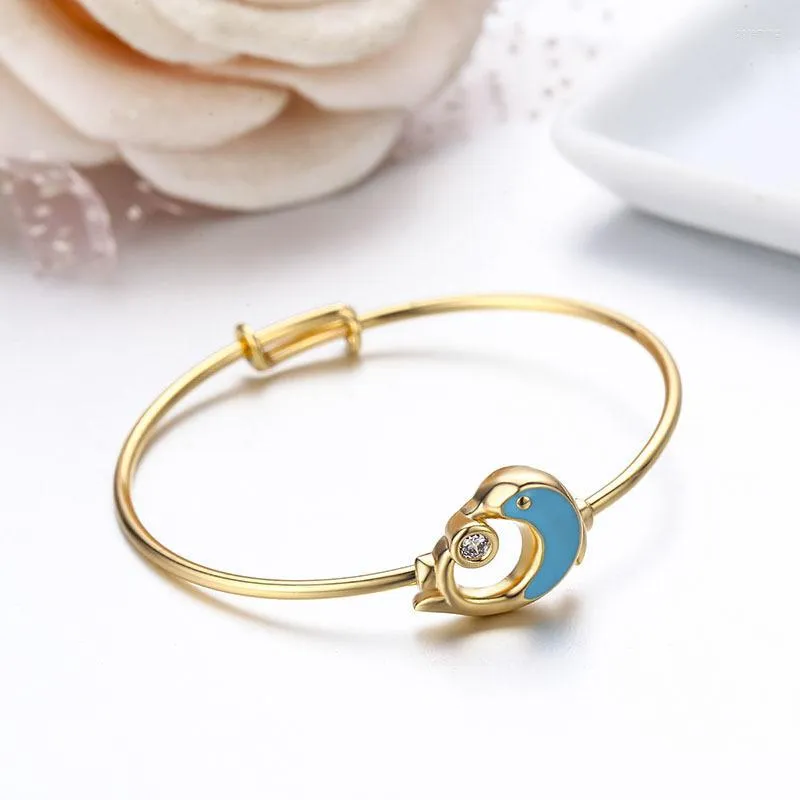 Bangle Cute Blue Dolphin Pave Clear CZ Yellow Gold Color Cuff Bangles Bracelets For Baby Toddler Little Kids Girls Jewelry 4.5cm