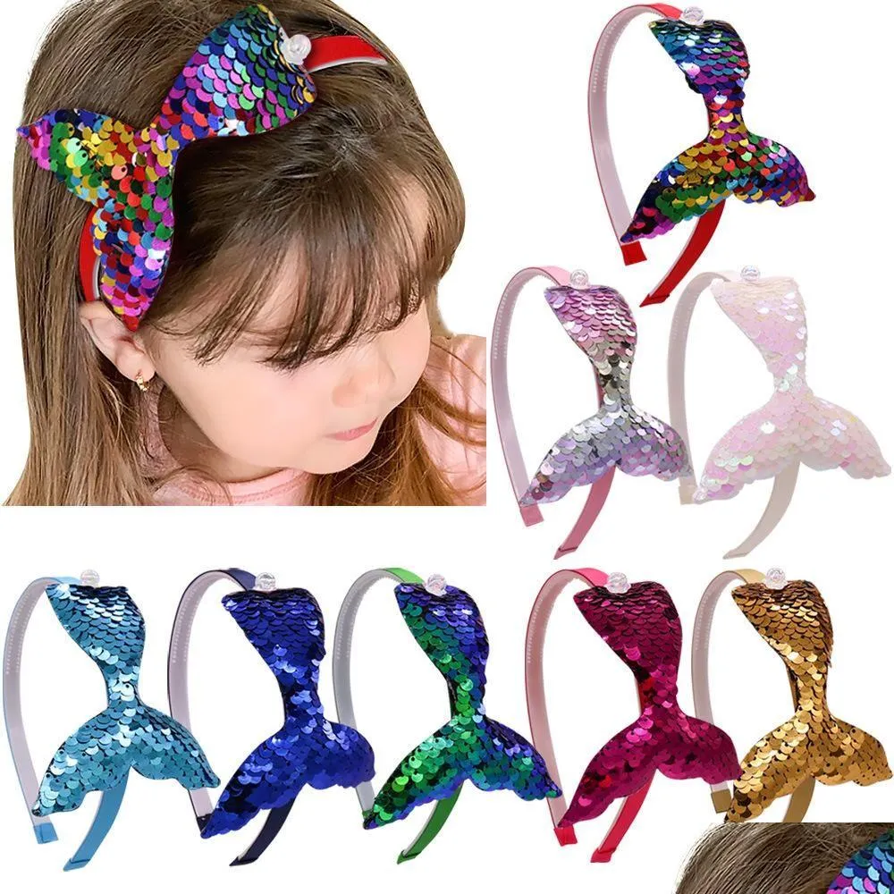 Fasce Neonate Coda di sirena Bastoncini per capelli Bambini Paillettes Fascia Accessori per boutique Cerchio per bambini 8 colori Copricapo Drop Deliv Dhwrc