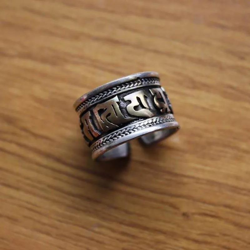 Cluster Rings RG236 Handmade Nepal Ethnic Tibetan Copper Six Words Mantra Opened Back Ring Thumb Vintage Men Adjustable