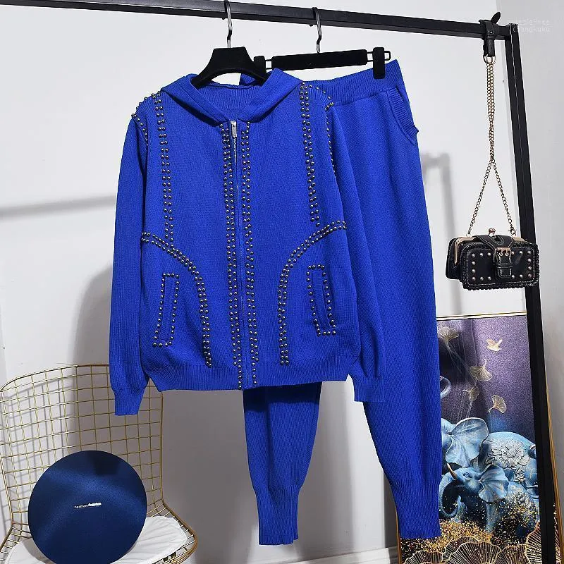 Survêtements pour femmes 2023 automne survêtement femmes à capuche mode ensemble perles tricoté Cardigan manteau pantalons décontractés deux pièces tenues H688