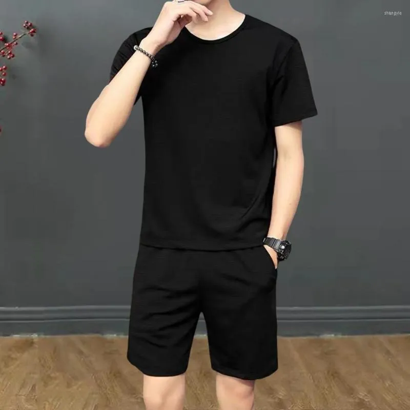 Men's Pants Stylish Sports Suit Round Collar Ice Silk Smooth Touch Shirt Shorts Two Piece Set Streetwear