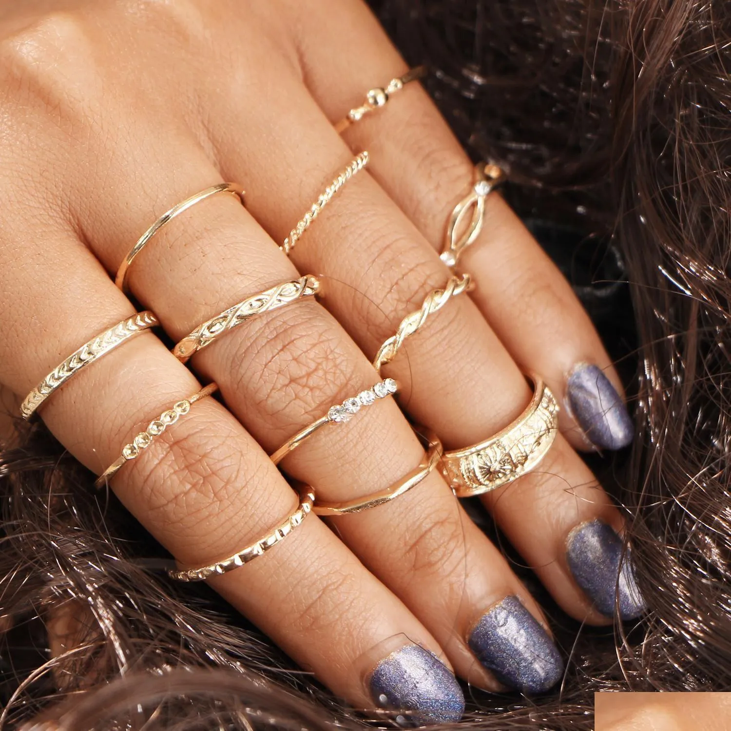 Bandringen 12 pc's/Lot Boho Retro Ring Set voor vrouwen Crystal Rhinestone Gold Golde Fashion Vintage Bohemia Style Jewelry Factory Dro DHI5X