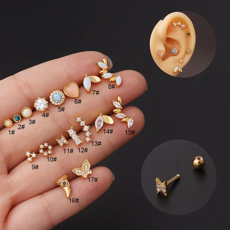 1 pezzo 16g 1.2mm titanio acciaio piercing orecchini per le donne moda zircone opale cartilagine orecchini helix piercing gioielli