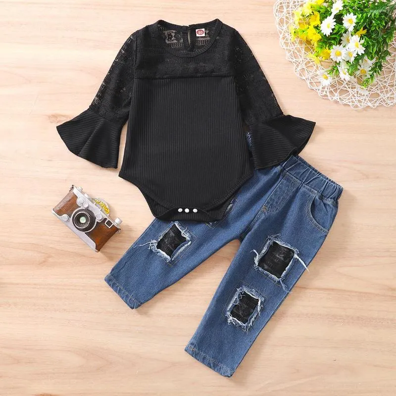 Clothing Sets Baby Girl Clothes Toddler Children Solid Flare Ssleeve Romper Break Hole Jeans 2pcs Set Infant Spring Outfits