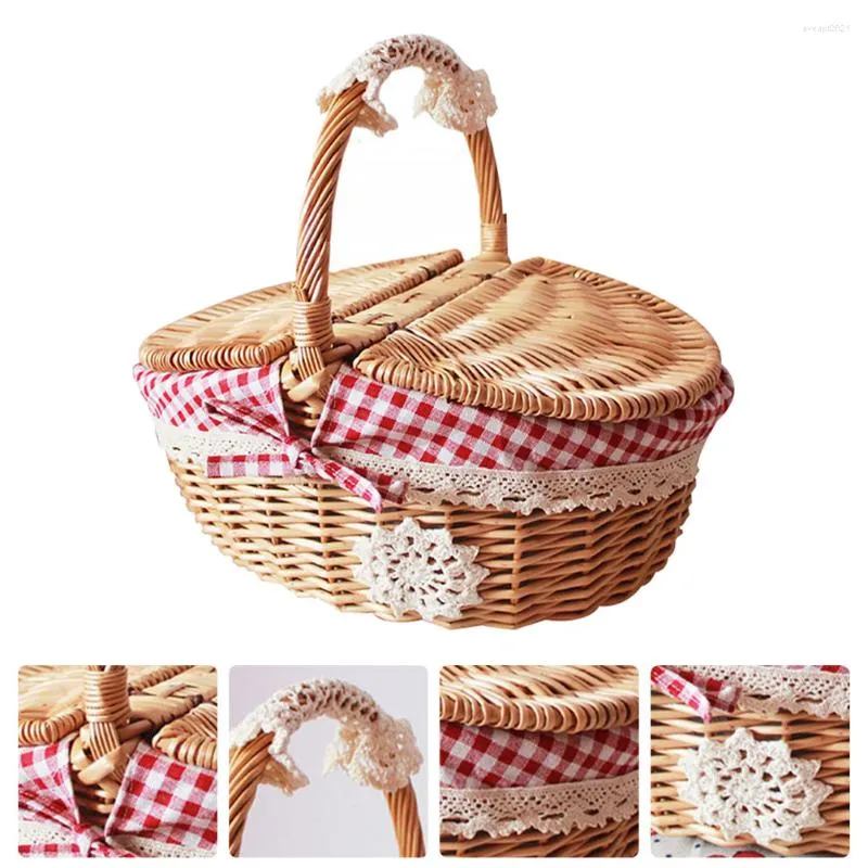 Set di stoviglie Cestini portaoggetti in vimini Coperchi Cestino da picnic Fiori Cesto scozzese rosso Percalle