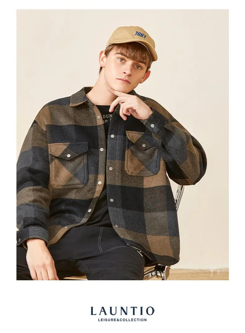 Men's wolmengsels 2023 herfst- en winterproducten plaid wollen jas pocket decoratie retro mode