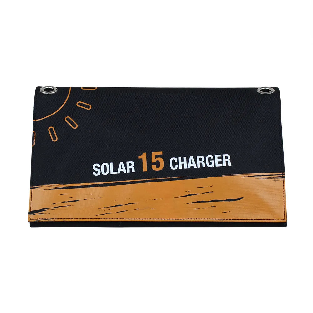 Bolsa plegable solar de 15 W, placa de carga portátil, resistente al agua, para acampar al aire libre, banco de carga para teléfono móvil (puertos de salida USB duales de 5 V)