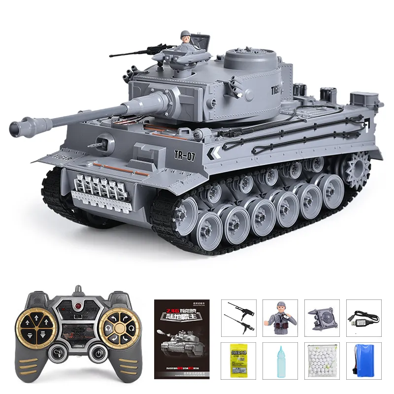 Electric/RC CAR RC Tank Shoot Bullet Rooking Infrarood Remote Control Tank speelgoed Tijger Militair model Vibrerend terugslag met geluids -LED Boy Gift 230525