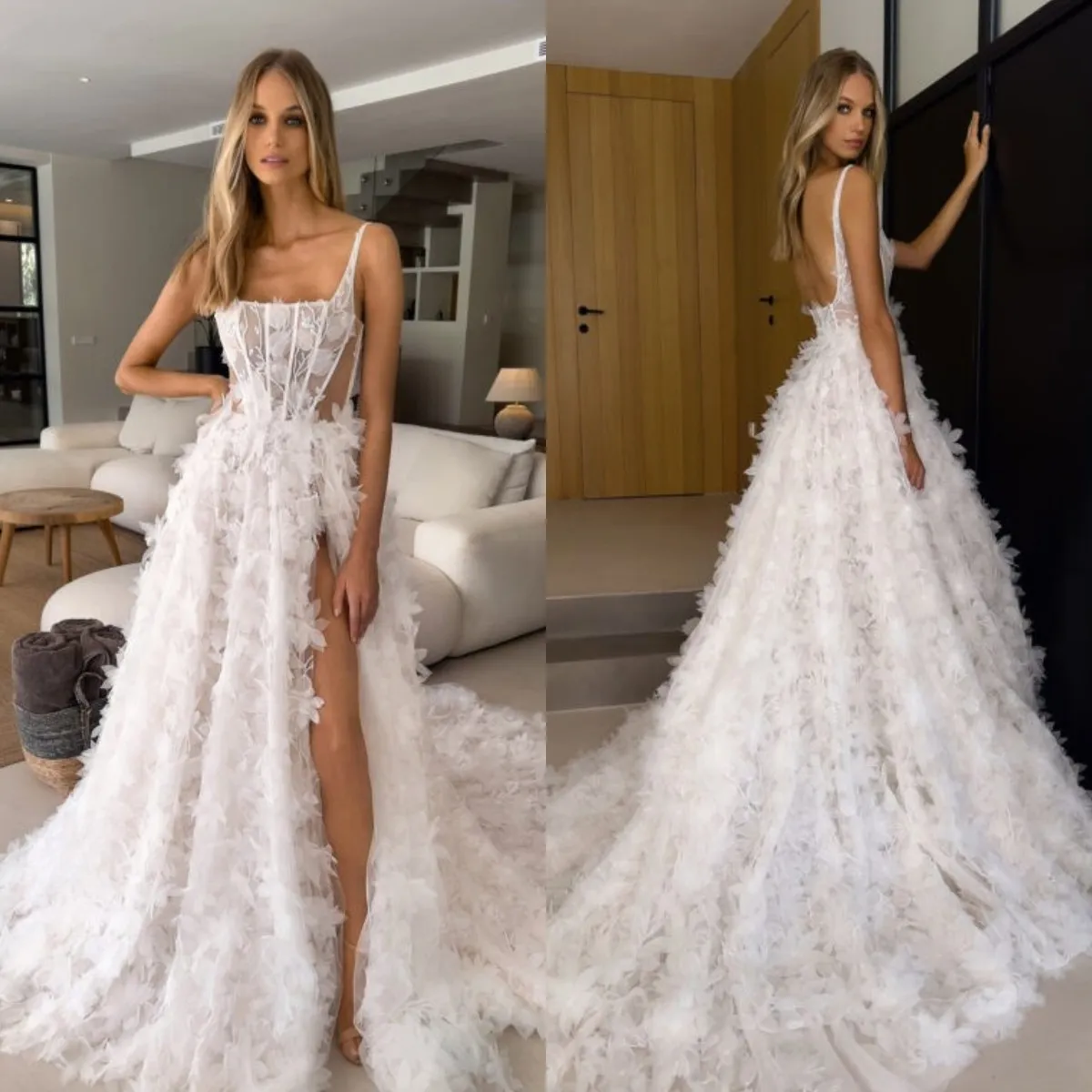 Una linea senza schienale Boho Abiti da sposa Abiti di corpetto Bone Cinghie 3D Appliques Tulle Wedding Bridal Case Pliques Pliques