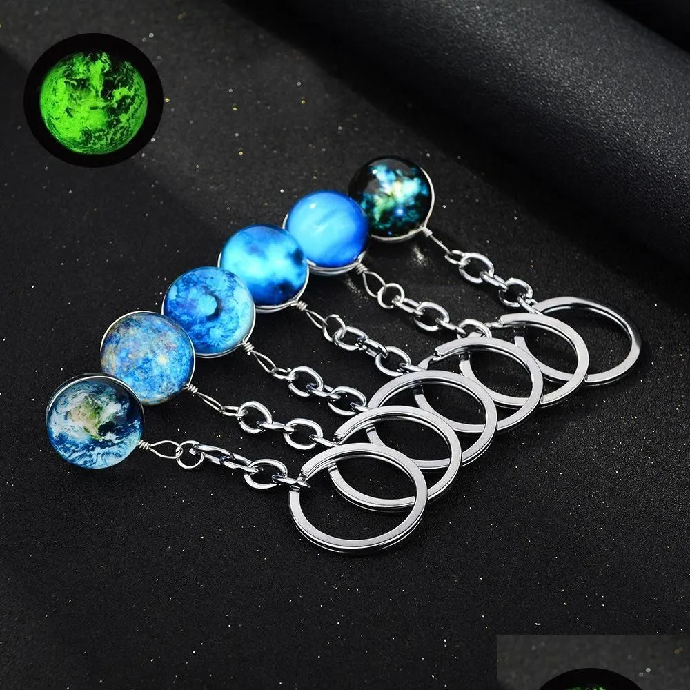 Chaços de chaves luminosos brilho luminoso no chaveiro escuro Galáxia universo de vidro Ball Cabochon Bag dos anéis criativos dos keyrings criativos Jewe Dhvnr