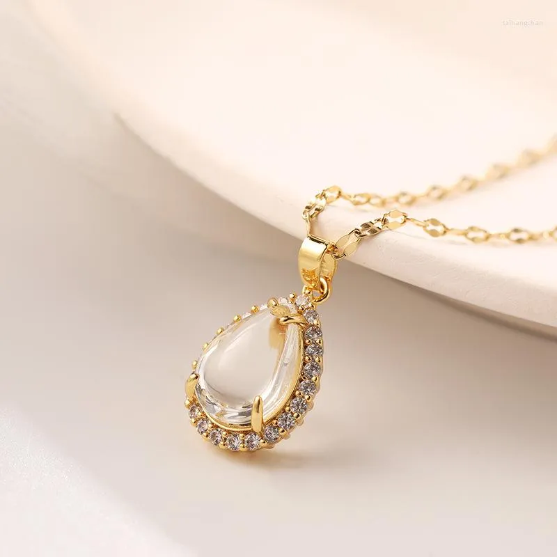 Pendant Necklaces Korean Transparent Crystal Water Drop Women Trendy Stainless Steel Female Clavicle Chain Jewelry Wholesale