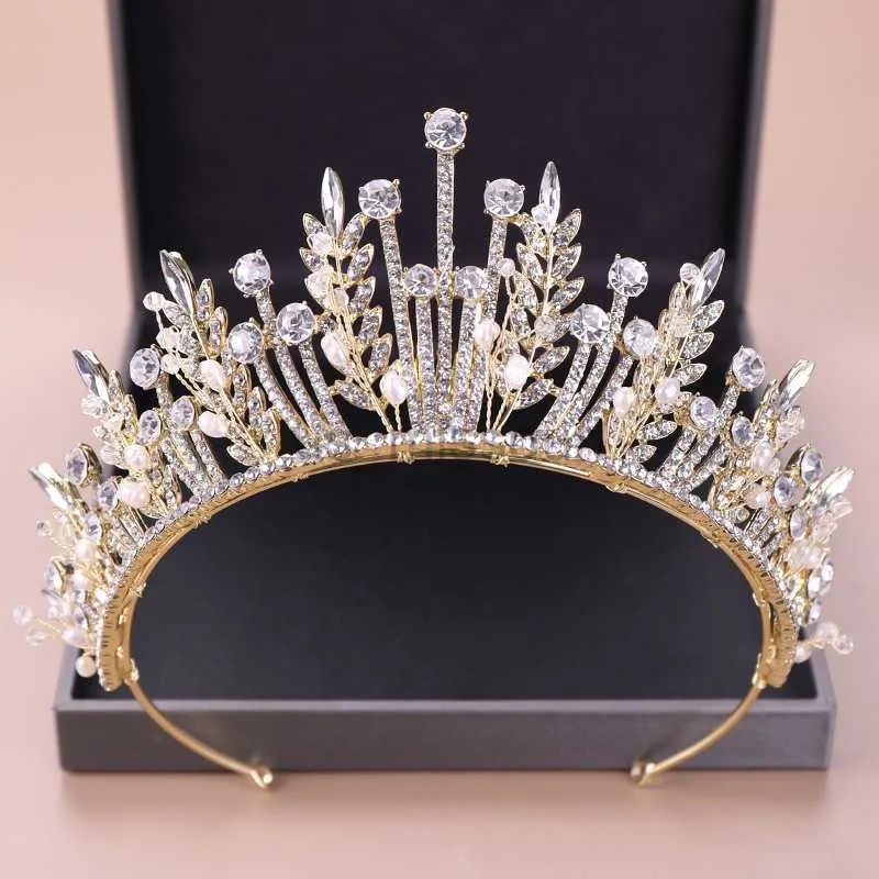 Other Fashion Accessories KMVEXO Baroque Luxury Bridal Crystal Leaf Crowns Princess Queen Pageant Prom Pearl Veil Tiaras Headband Wedding Hair Accesso J230525