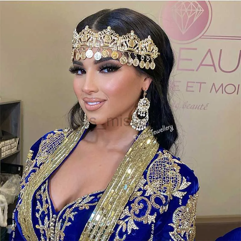 Other Fashion Accessories Napoleon Figure Tassels Gold Plated Hair Chain for Bridal Algerian Wedding Jewelry Coin Rhinestone Headband Hair Accessorie J230525